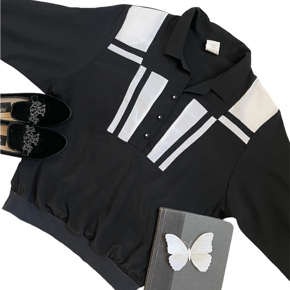 Vintage 80s retro color block casual black and white top - Picture 13 of 13